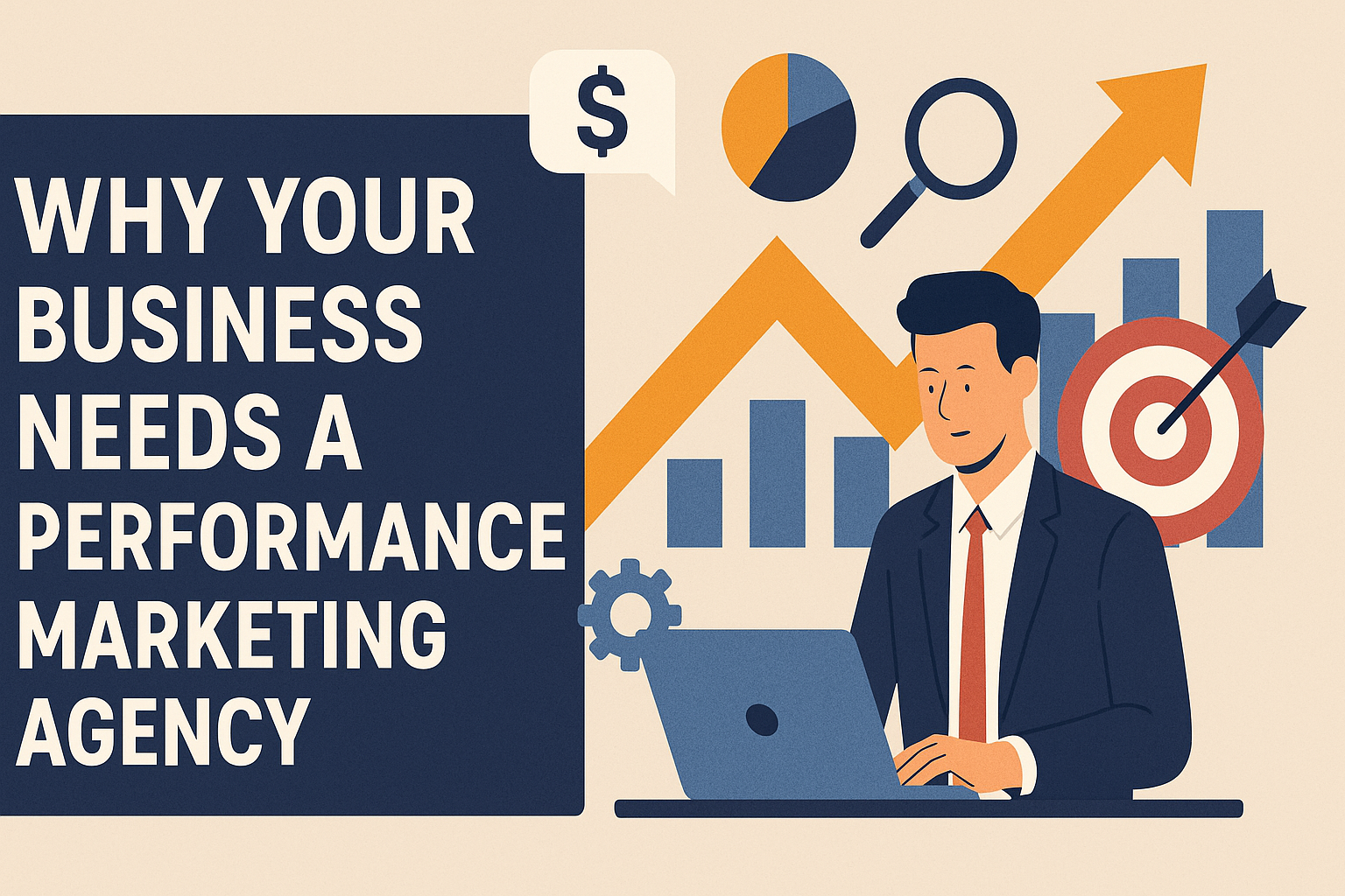 Illustration of a businessman in a suit working on a laptop, surrounded by marketing icons like bar graphs, target with arrow, magnifying glass, pie chart, and upward arrow. On the left, bold white text on a dark blue background reads: 'Why Your Business Needs a Performance Marketing Agency.'