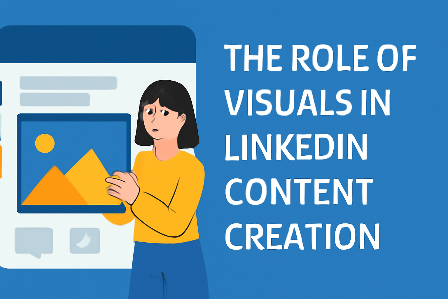 A digital illustration showcasing 'The Role of Visuals in LinkedIn Content Creation.' A woman in a yellow sweater holds a framed image while standing next to a computer screen showing a LinkedIn post. The title 'The Role of Visuals in LinkedIn Content Creation' is placed on the right side, balanced with small icons, set against a blue background.