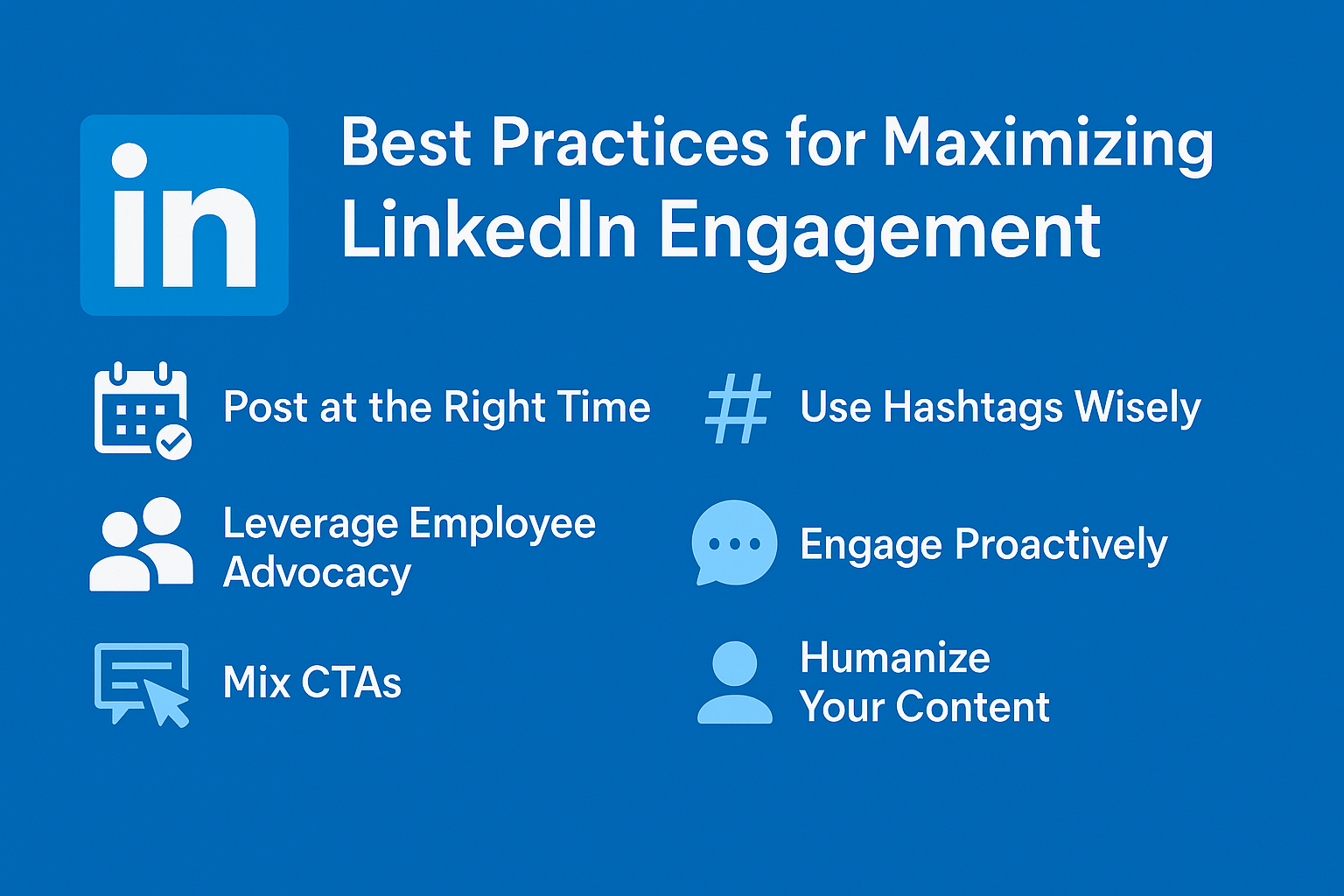 Best Practices for Maximizing LinkedIn Engagement – infographic with LinkedIn logo, calendar, hashtag, employee, chat, and profile icons showing tips like posting at the right time, using hashtags wisely, leveraging employee advocacy, engaging proactively, mixing CTAs, and humanizing content.