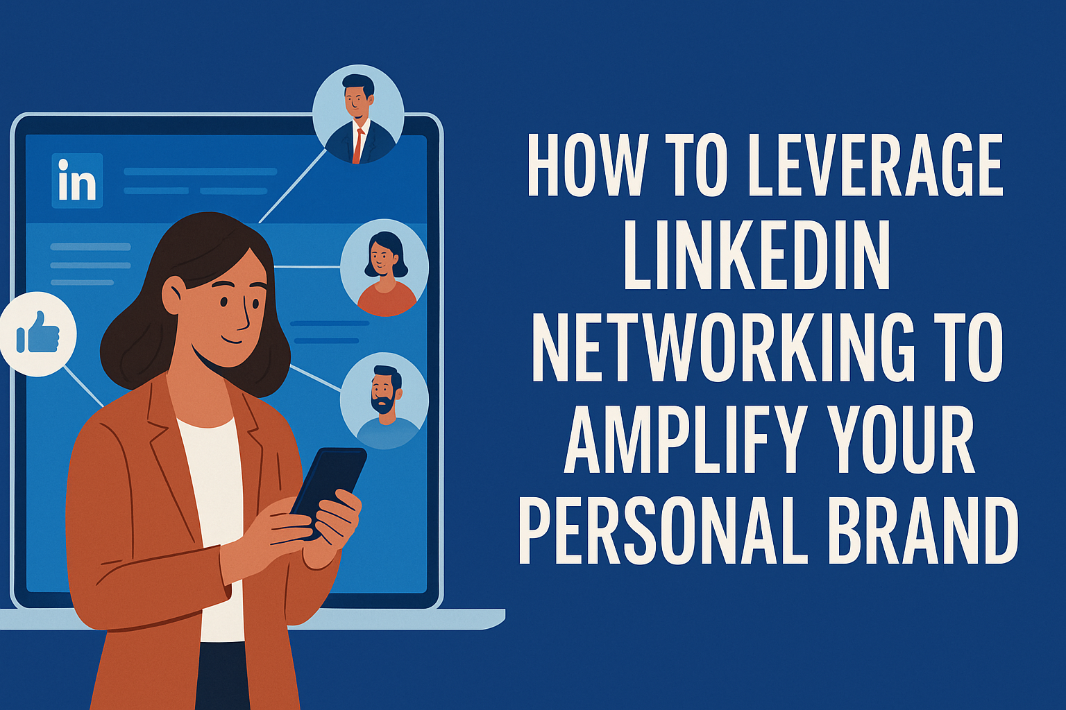 Illustration of a woman using LinkedIn on her phone with profile connections displayed on a laptop screen, alongside the text “How to Leverage LinkedIn Networking to Amplify Your Personal Brand” on a blue background.