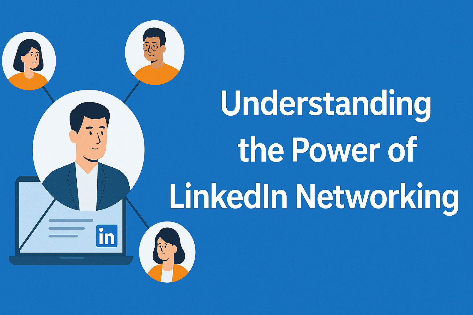 Illustration of a LinkedIn profile connection network, showing a central professional profile linked to three other profiles, with the text “Understanding the Power of LinkedIn Networking” on a blue background.
