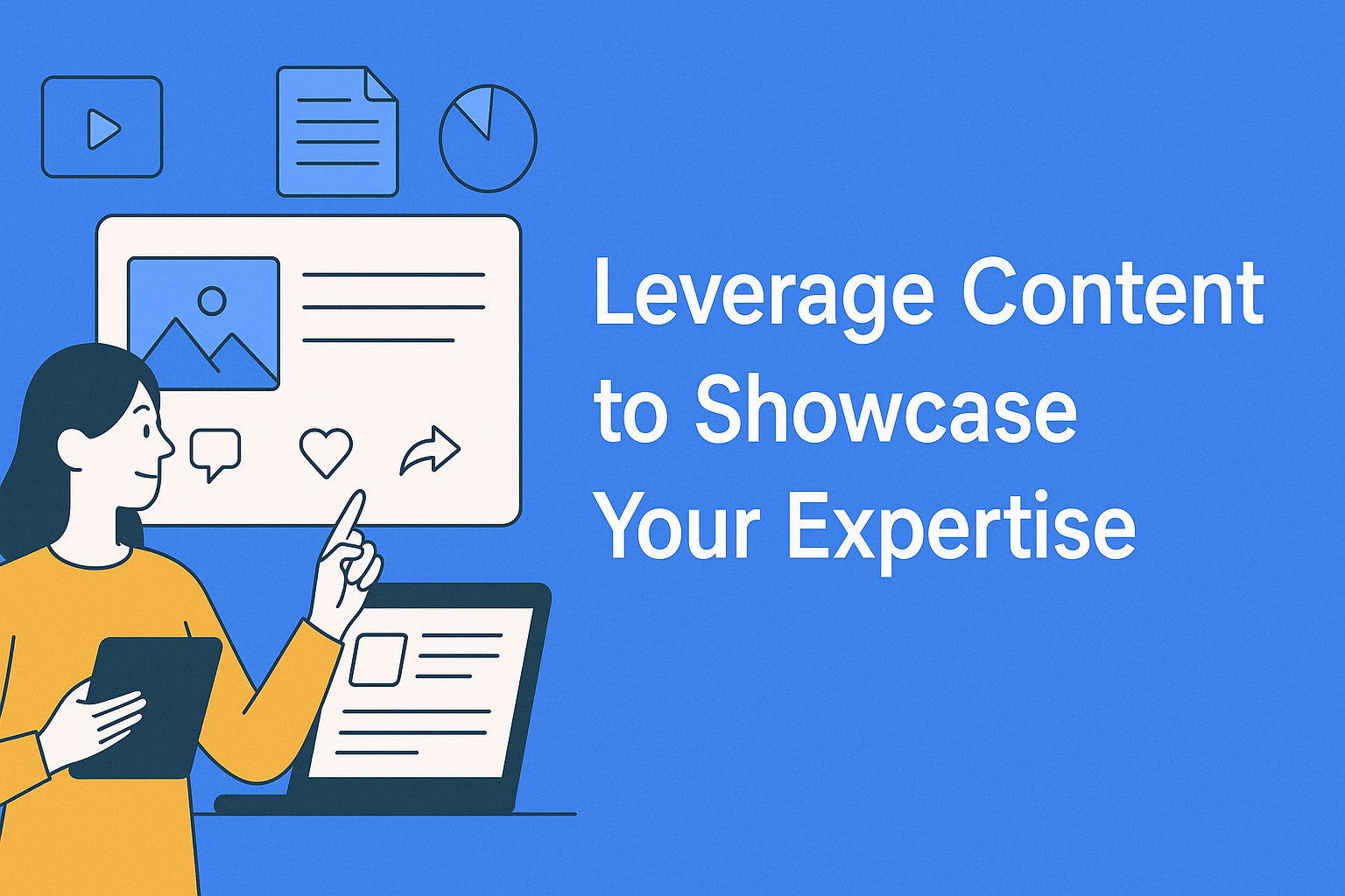 Illustration of a woman holding a tablet and pointing to digital content icons like video, documents, likes, and shares, with the text “Leverage Content to Showcase Your Expertise” on a blue background