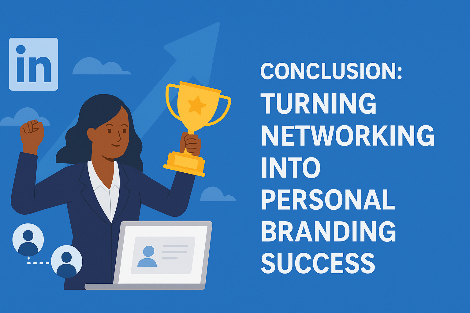 Illustration of a confident businesswoman holding a golden trophy with a laptop and LinkedIn icons in the background, alongside the text “Conclusion: Turning Networking into Personal Branding Success” on a blue backdrop.