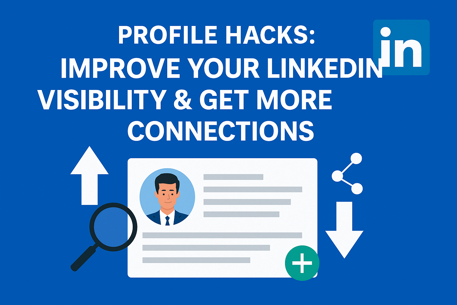 Featured image for blog on LinkedIn profile hacks showing profile card, magnifying glass, and LinkedIn logo with text ‘Improve Your LinkedIn Visibility & Get More Connections.’
