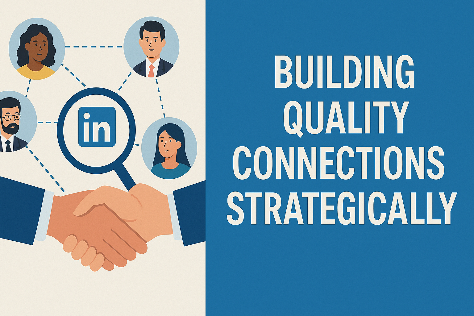 Illustration of LinkedIn networking showing professionals connected by dashed lines around the LinkedIn logo, with a handshake below and text reading ‘Building Quality Connections Strategically.