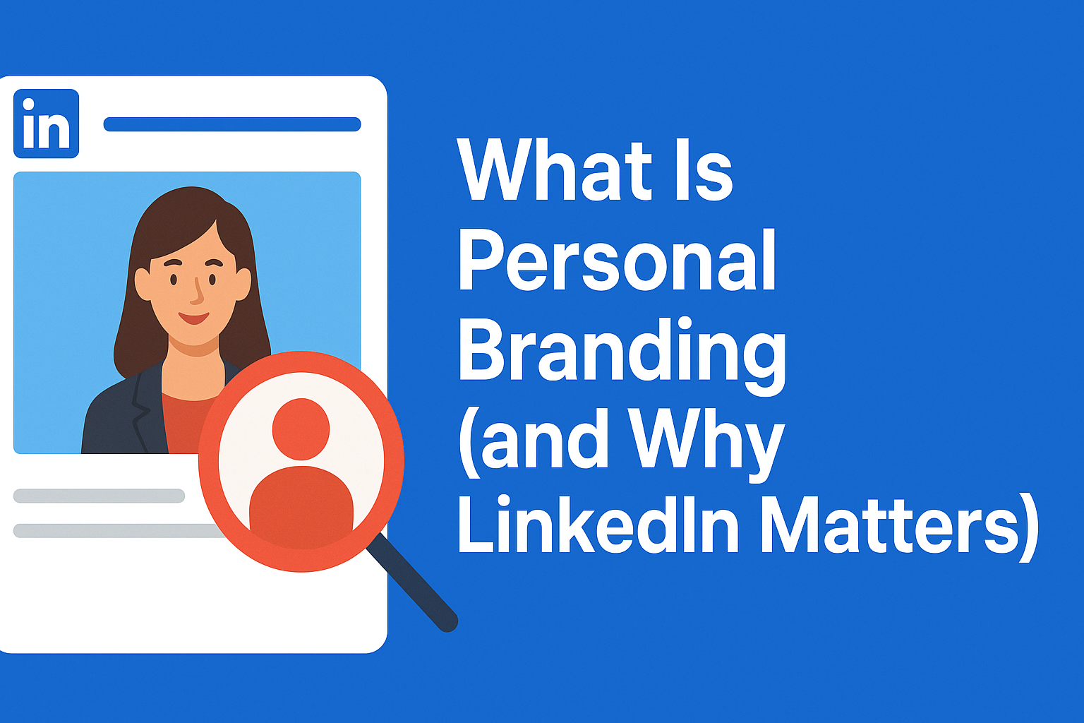 Illustration of a LinkedIn profile card with a magnifying glass icon on the left, and the text What Is Personal Branding (and Why LinkedIn Matters) on the right over a blue background