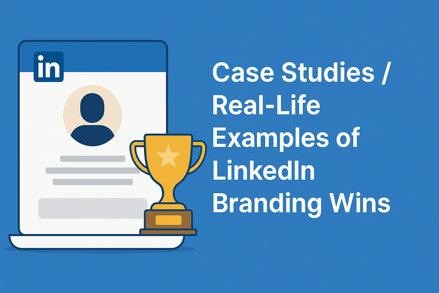Illustration of a LinkedIn profile card with a gold trophy beside it, alongside the text Case Studies / Real-Life Examples of LinkedIn Branding Wins on a blue background.
