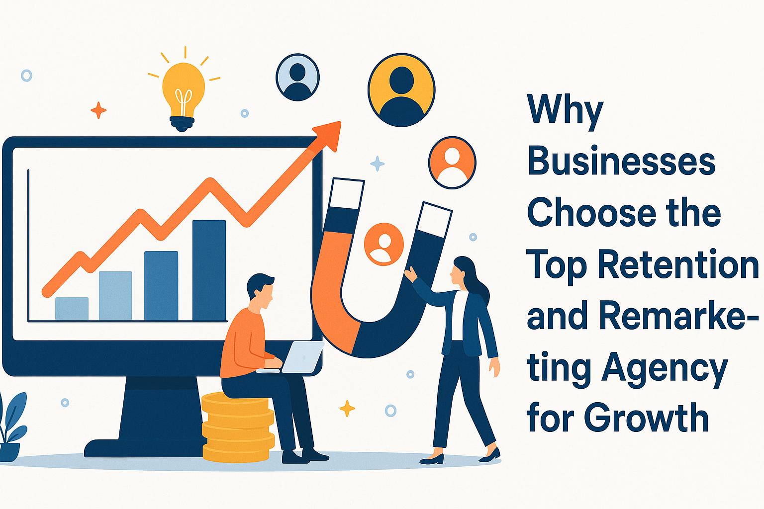 Illustration of business growth with a computer screen showing an upward graph, a man working on a laptop, and a woman holding a magnet attracting customer icons, alongside blog title text 'Why Businesses Choose the Top Retention and Remarketing Agency for Growth' on the right side.