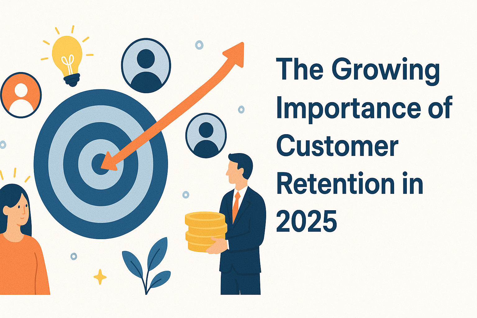 Illustration showing customer retention in 2025 with a large target and upward arrow, business people symbolizing growth, and the blog title text 'The Growing Importance of Customer Retention in 2025' on the right.