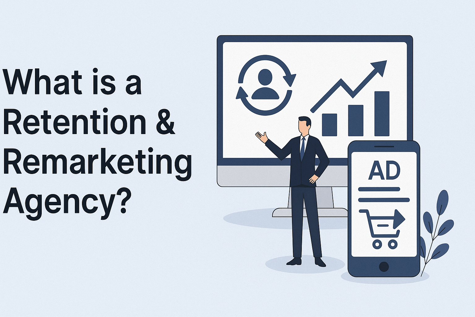 Illustration of a businessman presenting retention and remarketing concepts with icons of customer retention, growth chart, and digital ads on a computer and smartphone.