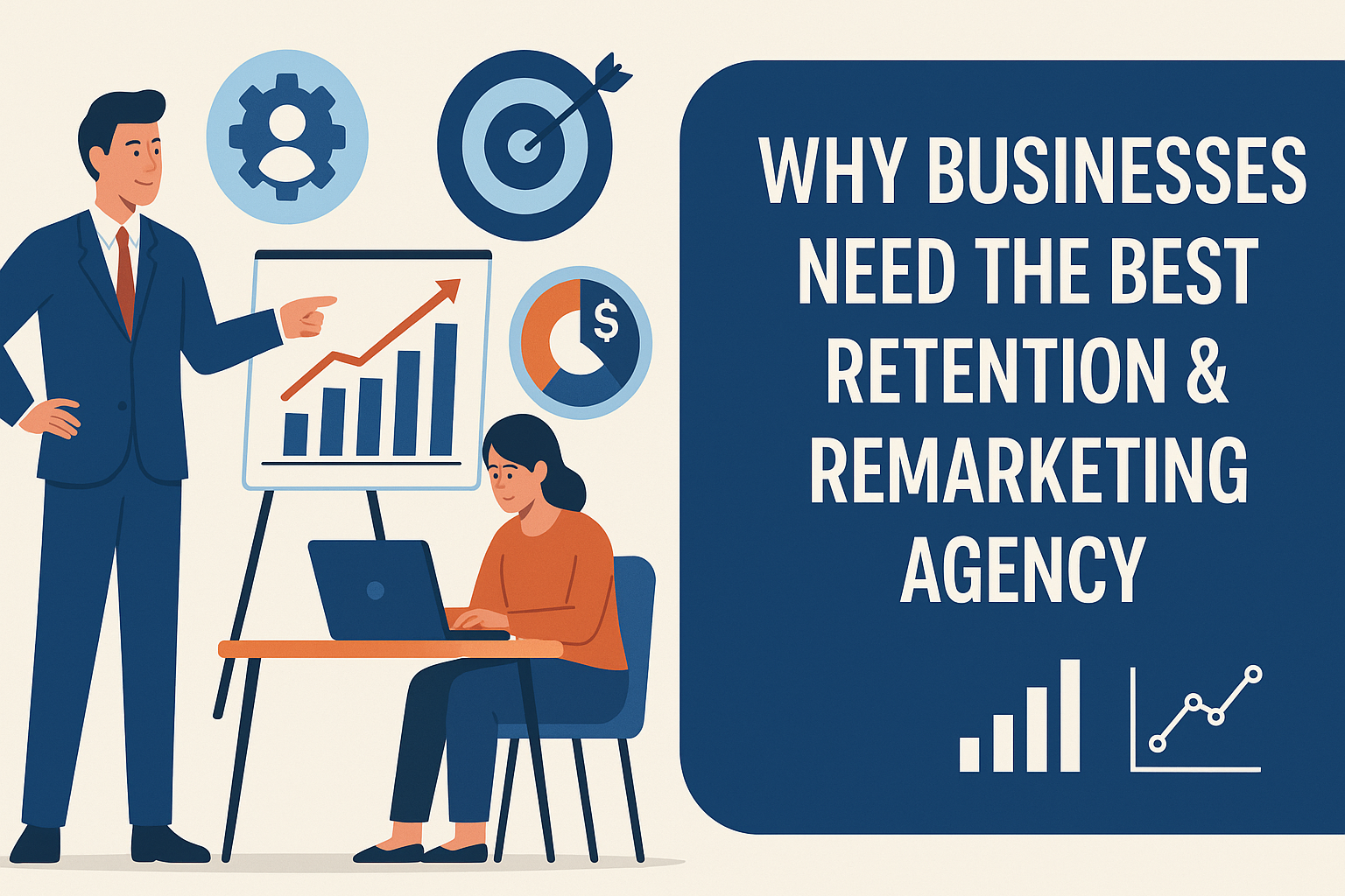 Illustration of a businessman presenting a growth chart while a woman works on a laptop, surrounded by icons of targeting, automation, and analytics, with the text “Why Businesses Need the Best Retention & Remarketing Agency