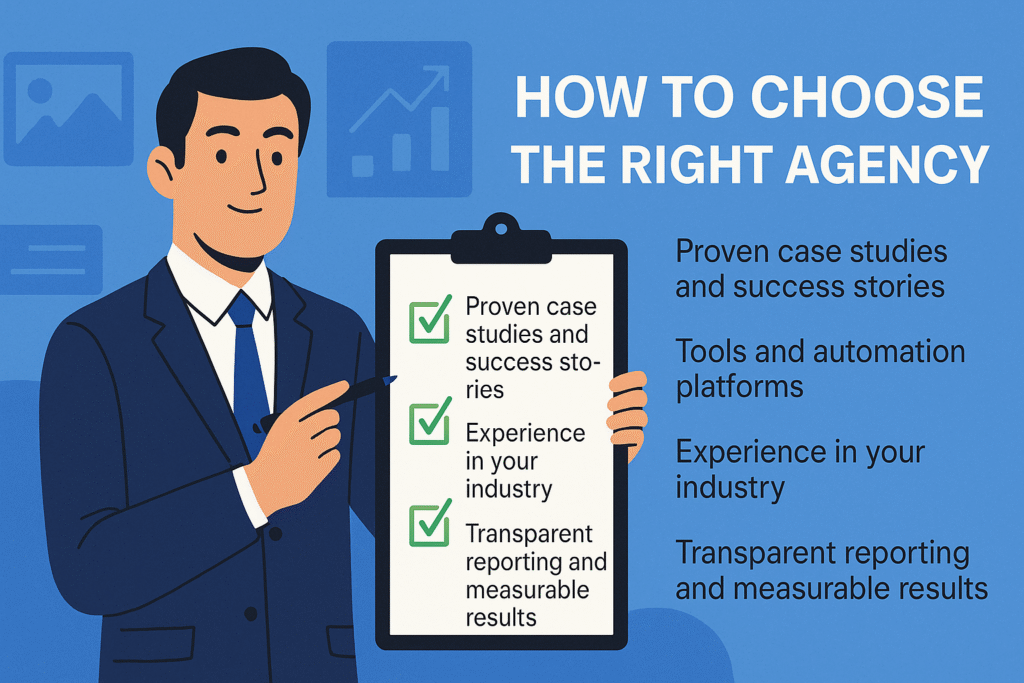 Illustration of a businessman holding a checklist with items like proven case studies, industry experience, and transparent reporting, alongside the text “How to Choose the Right Agency” on a blue background.