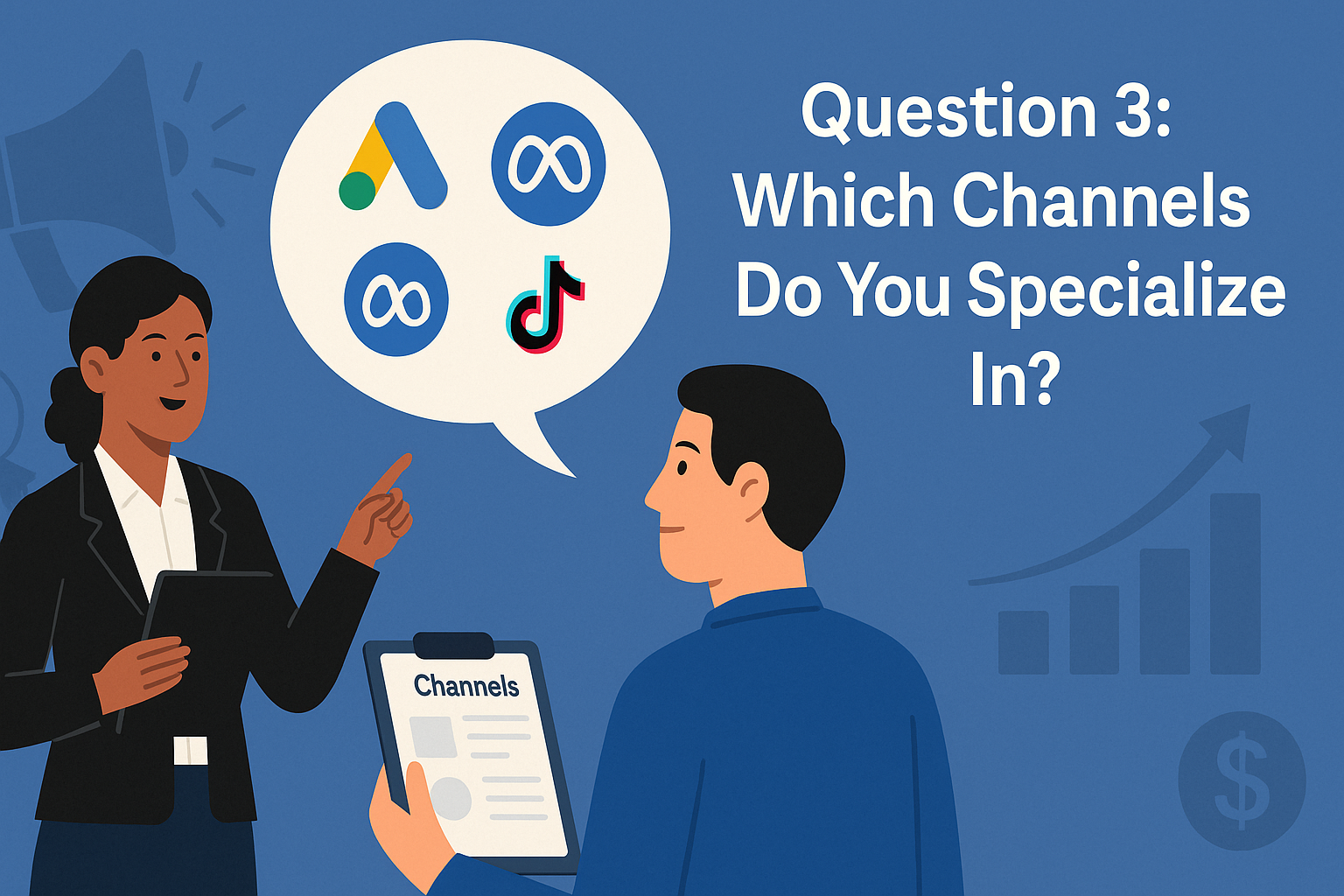 Illustration of a female marketer pointing to icons of Google Ads, Meta, and TikTok inside a speech bubble while explaining advertising channels to a business owner holding a clipboard labeled “Channels.” Text on the right reads: “Question 3: Which Channels Do You Specialize In?