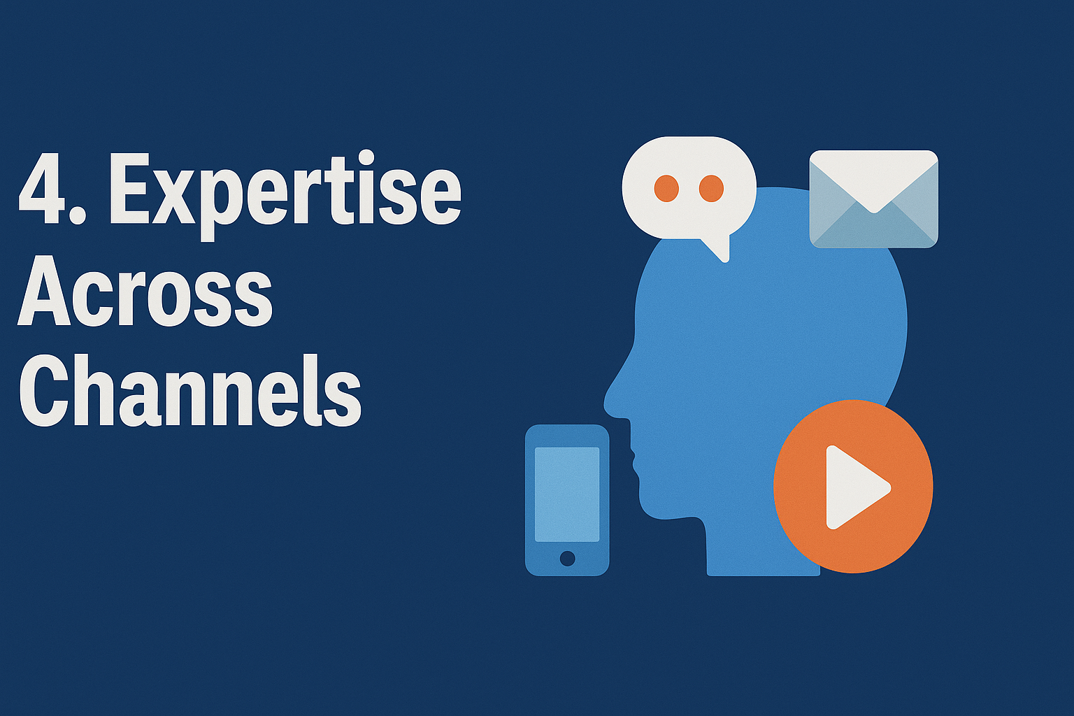 Illustration with the text "4. Expertise Across Channels" on a dark blue background. To the right, a blue human head silhouette is shown with icons representing different channels: a chat bubble, an envelope for email, a smartphone, and an orange play button for video, symbolizing multi-channel expertise.