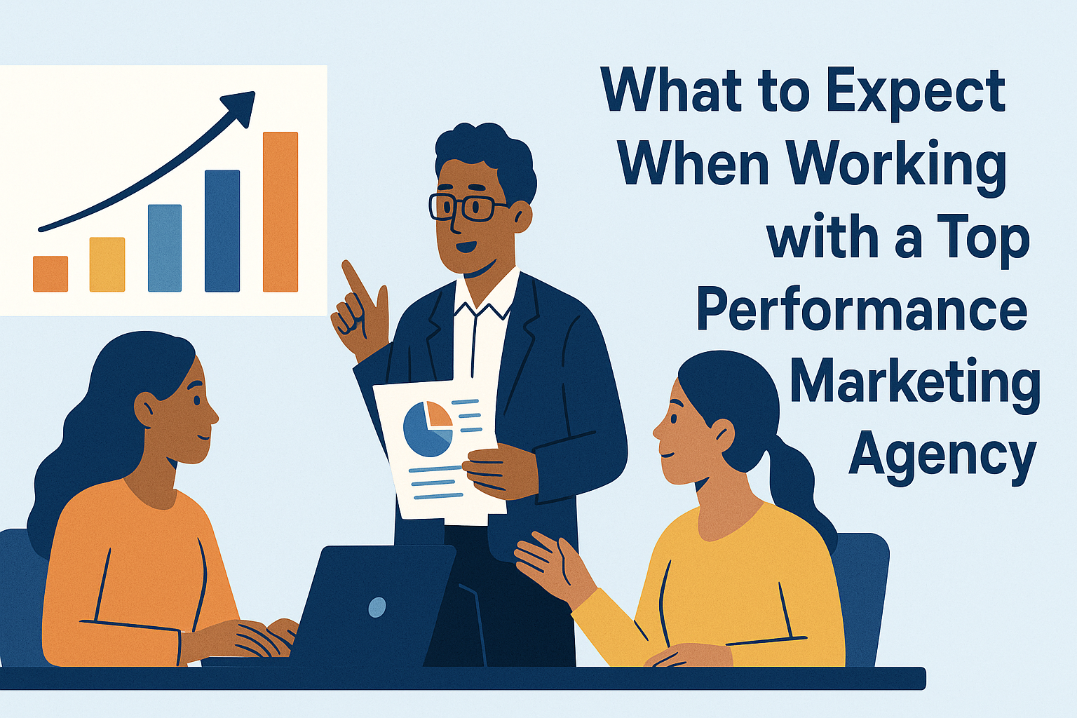 Illustration of three marketing professionals discussing data with charts in the background, accompanied by the blog title ‘What to Expect When Working with a Top Performance Marketing Agency’ placed on the right side.