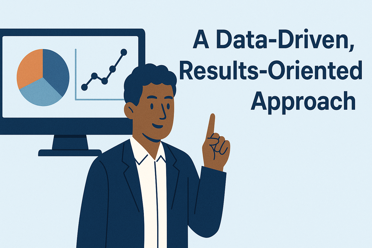 Illustration of a businessman in a suit pointing upward beside a computer monitor displaying charts, symbolizing a data-driven, results-oriented approach.