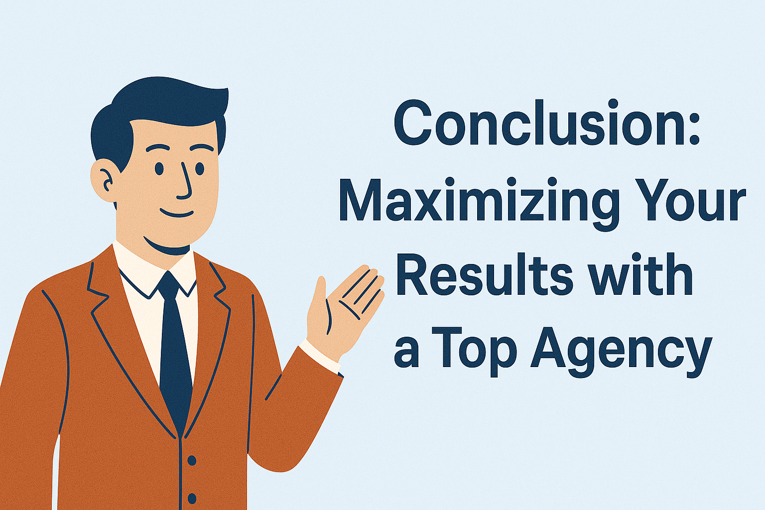 Illustration of a man in a burnt-orange suit gesturing with one hand, alongside the text ‘Conclusion: Maximizing Your Results with a Top Agency’ on a light blue background.