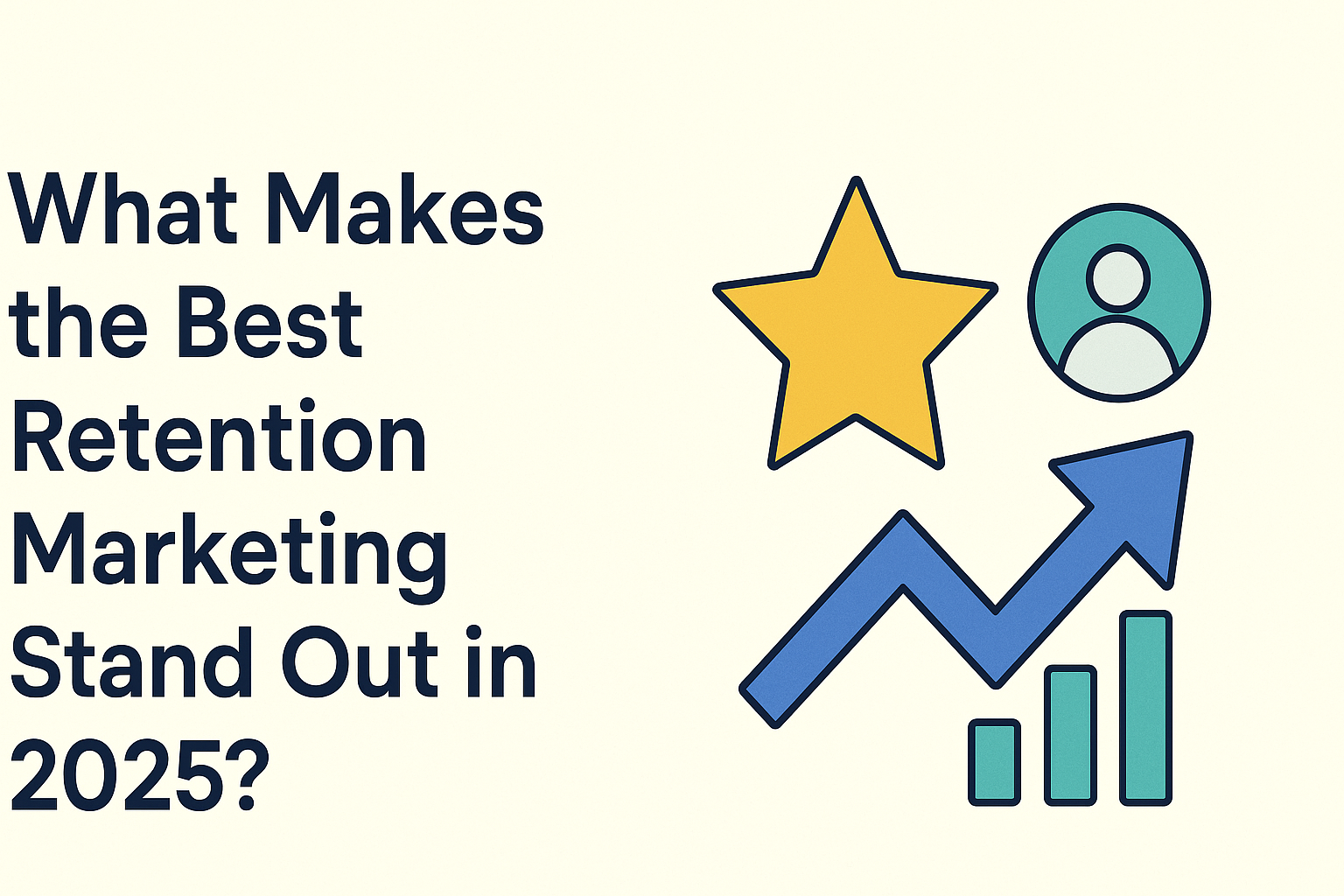 Modern 16:9 digital graphic with the title ‘What Makes the Best Retention Marketing Agency Stand Out in 2025?’ in bold navy-blue text on a light cream background. On the right side, there’s a gold star, teal user icon, and an upward blue arrow with bar chart elements, symbolizing growth, excellence, and customer focus
