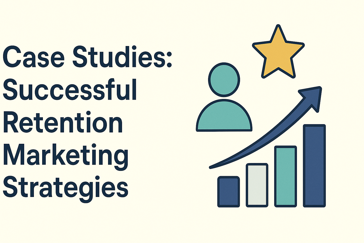 Clean 16:9 digital graphic with the title ‘Case Studies: Successful Retention Marketing Strategies’ in dark navy-blue text on an off-white background. On the right, icons include a gold star, teal person silhouette, and an upward arrow over a bar chart, symbolizing success, growth, and strong retention performance.