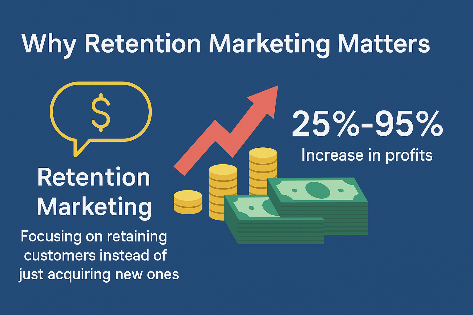 Why Retention Marketing Matters” showing money stacks, coins, and an upward arrow, highlighting that retention marketing can increase profits by 25% to 95% by focusing on retaining customers instead of just acquiring new ones.
