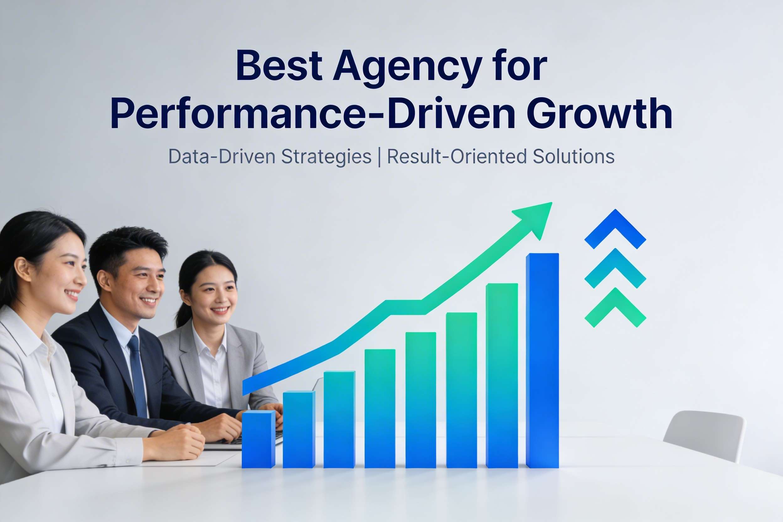 Team of marketing professionals analyzing growth chart representing best performance marketing agency for explosive growth