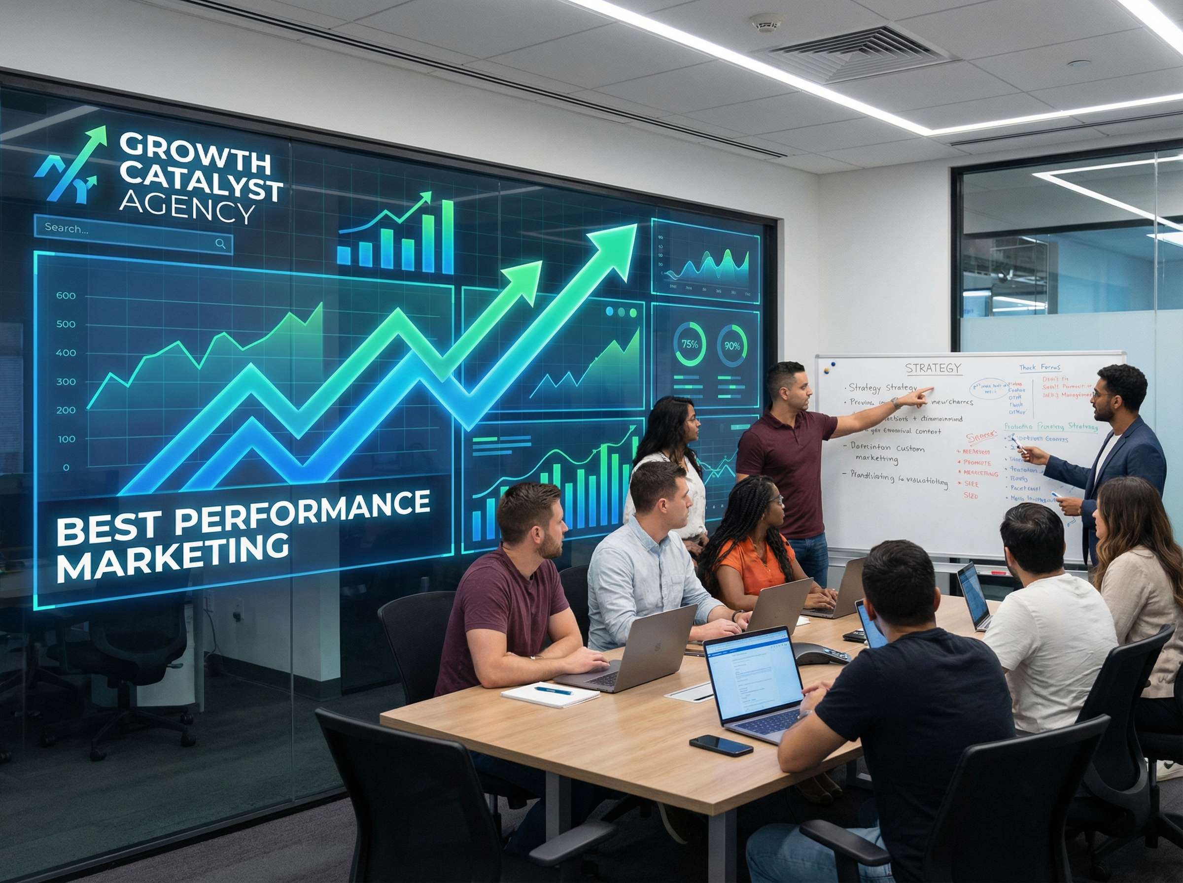 Team discussing strategy in a performance marketing agency office with growth charts on digital screen