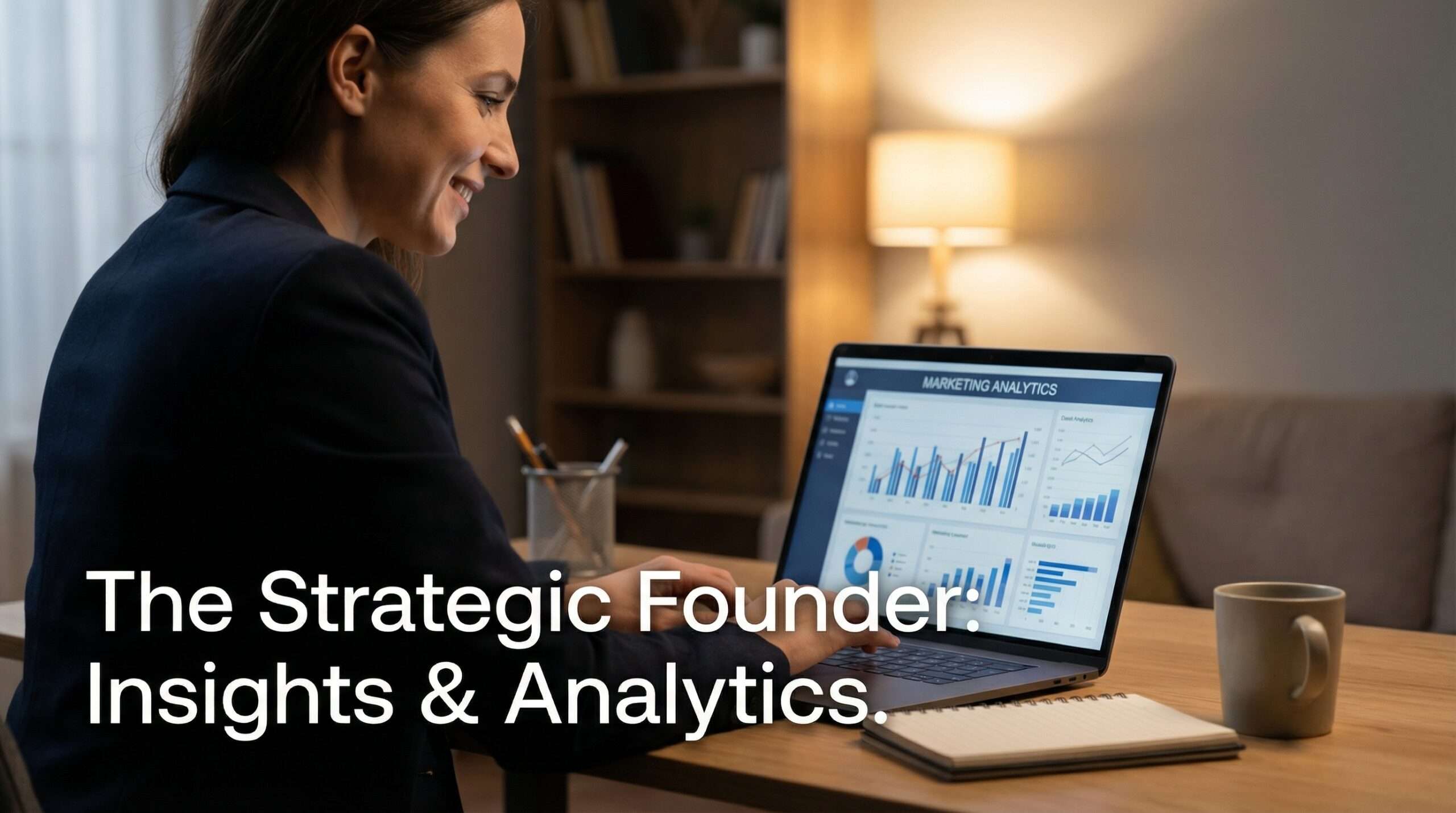 Woman working on a laptop displaying marketing analytics charts in a warm, minimal workspace, with overlay text “The Strategic Founder: Insights & Analytics.”