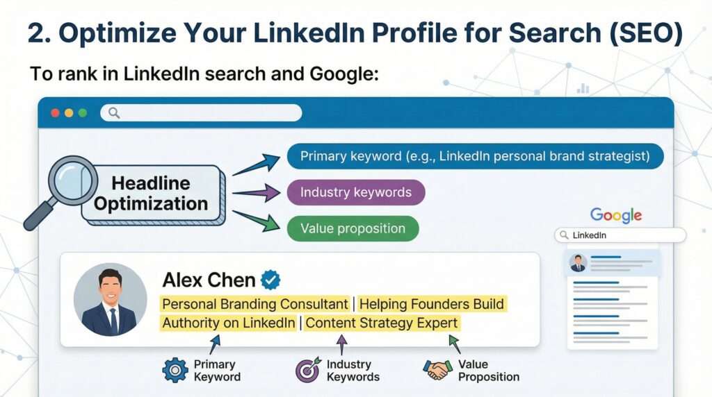 Infographic showing how to optimize a LinkedIn profile for SEO, highlighting headline optimization with primary keywords, industry keywords, and value proposition, along with an example profile and Google search visibility.