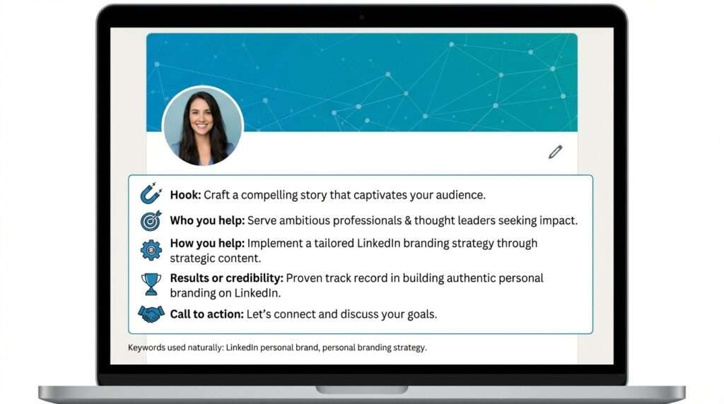 Laptop screen showing a LinkedIn profile summary framework with sections for hook, target audience, value proposition, credibility, and call to action, designed for personal branding optimization.