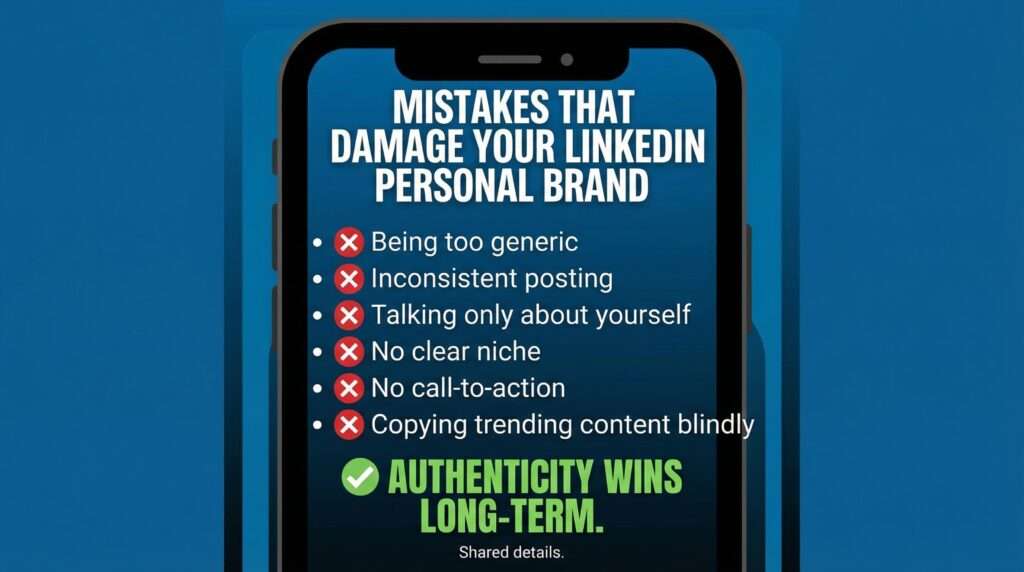 Smartphone screen displaying an infographic on LinkedIn personal branding mistakes, including being too generic, inconsistent posting, lack of niche, and no call-to-action, with the message “Authenticity wins long-term.”